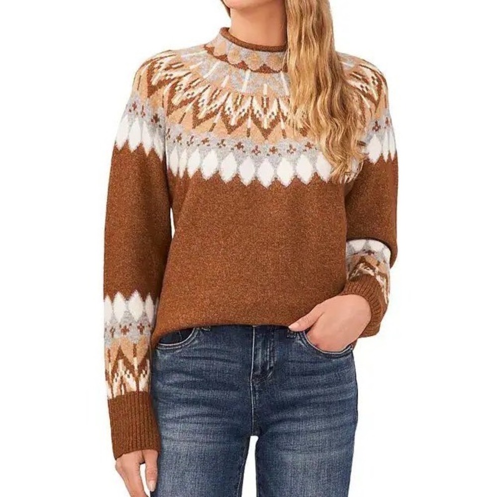 CeCe NWT Fair Isle Mock Neck Sweater Toasted Brown Large Cabincore Alpine Boho